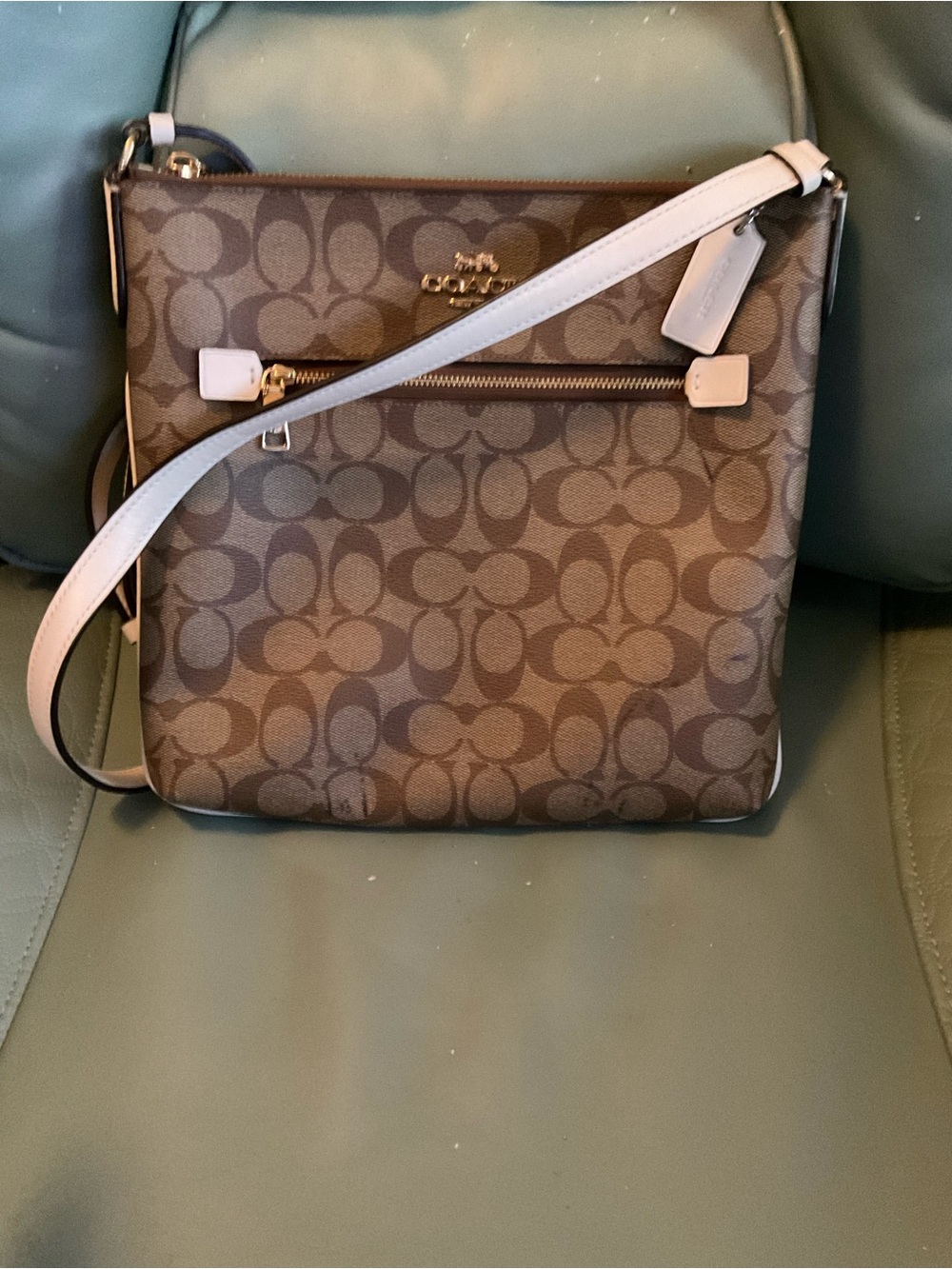 Coach Brown Signature Crossbody with White Strap and Gold Hardware